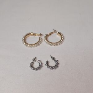 Two Pairs Faux Pearl Hoop Earrings